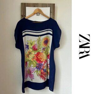 ZARA Sheer Navy Floral Top Large